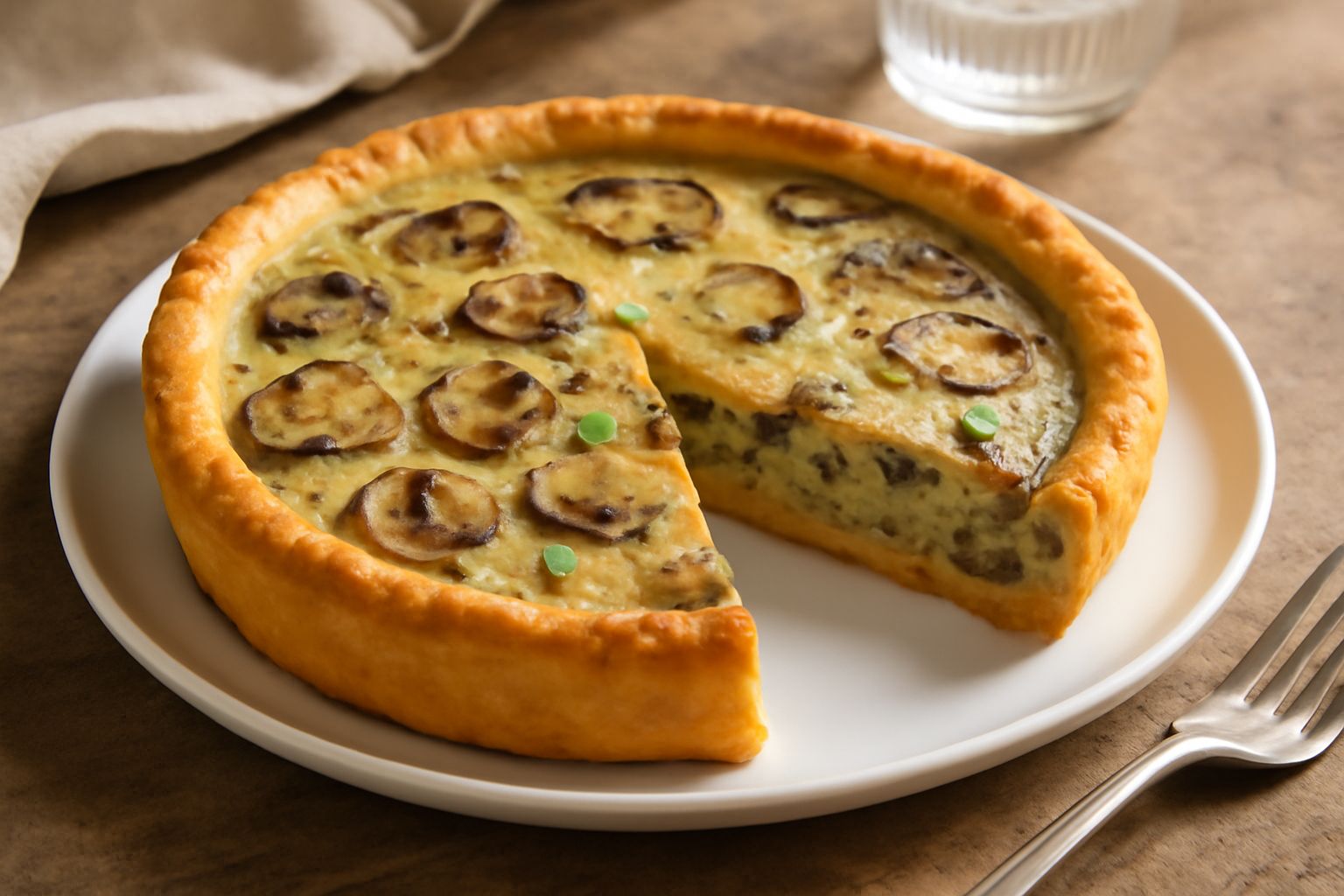 Torta salata di funghi appena sfornata, con pasta brisé dorata, ripieno marrone di funghi misti, decorata con prezzemolo fresco, servita intera e affettata su un piatto bianco