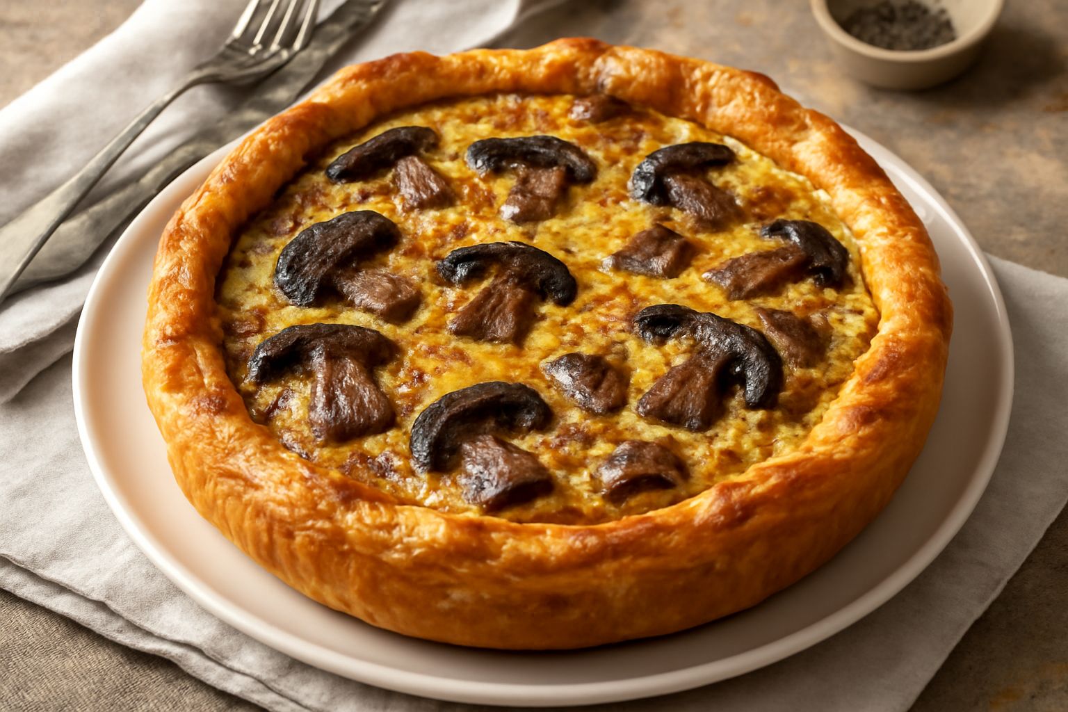 Torta salata di funghi porcini appena sfornata, con crosta dorata e uniforme. La superficie mostra funghi porcini visibili dentro, ritagli di pasta dorata ai bordi, servita in piatto bianco con contor