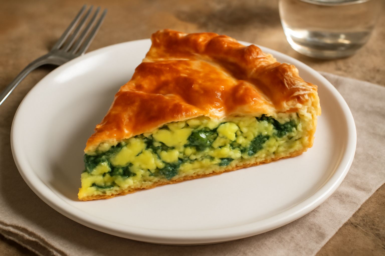 Torta salata quadrata o rettangolare con pasta sfoglia dorata e croccante, tagliata a porzioni, su un piatto bianco. Il ripieno di verdure verdi e colorate è visibile dal taglio. Guarnita con prezzemo