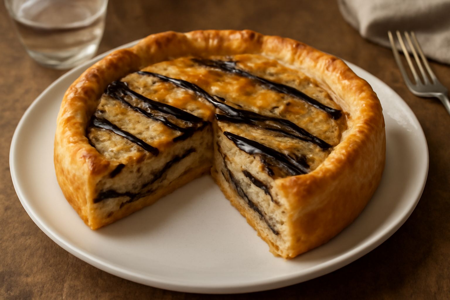Torta salata di melanzane affettata nel piatto, con superficie dorata e striature scure delle melanzane grigliate visibili nel ripieno cremoso beige, guarnita con una foglia di basilico