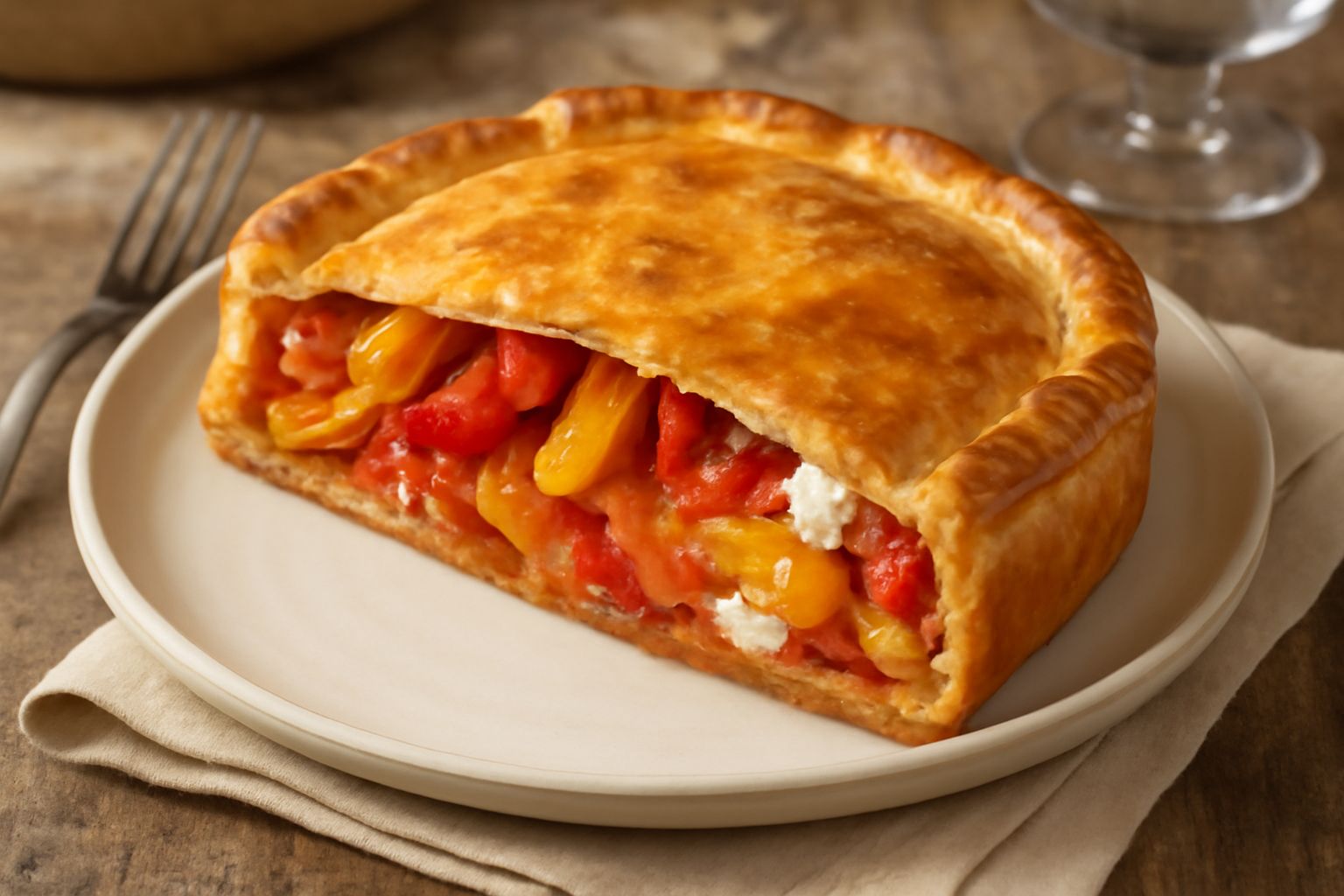 Torta salata di peperoni appena sfornata, dorata e croccante, tagliata a fette. Ripieno di peperoni rossi e gialli ben visibili, formaggio bianco filante, base di pasta sfoglia croccante. Servita su u