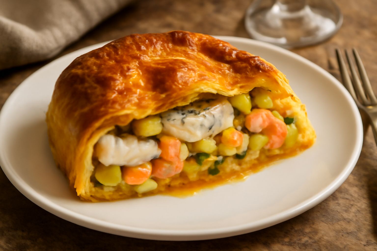 Torta salata di pesce appena sfornata, con sfoglia dorata e croccante, affettata in spicchi, con visibili filetti di branzino, gamberi rosa e zucchine nel ripieno cremoso, servita su piatto bianco con