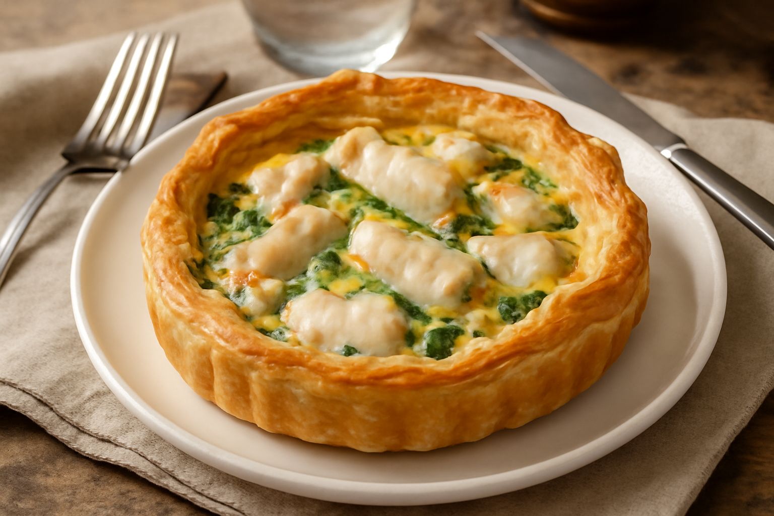 Torta salata con pasta sfoglia dorata al forno, tagliata a fette, che mostra il ripieno di filetti di pesce persico bianchi, verdure verdi e uova cremose, servita su un piatto bianco con limone fresco