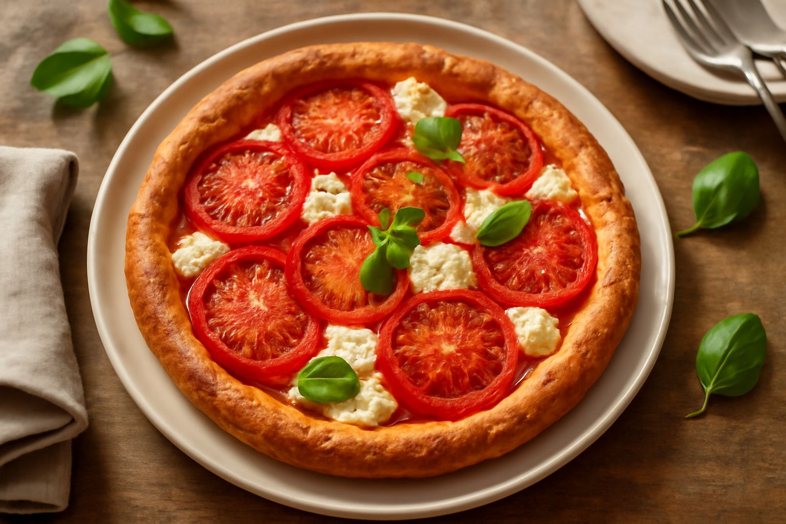 Torta salata di pomodori appena sfornata, con base dorata croccante, pomodori rossi caramellati in superficie, basilico fresco verde e ricotta bianca visibile tra gli interstizi, su piatto bianco