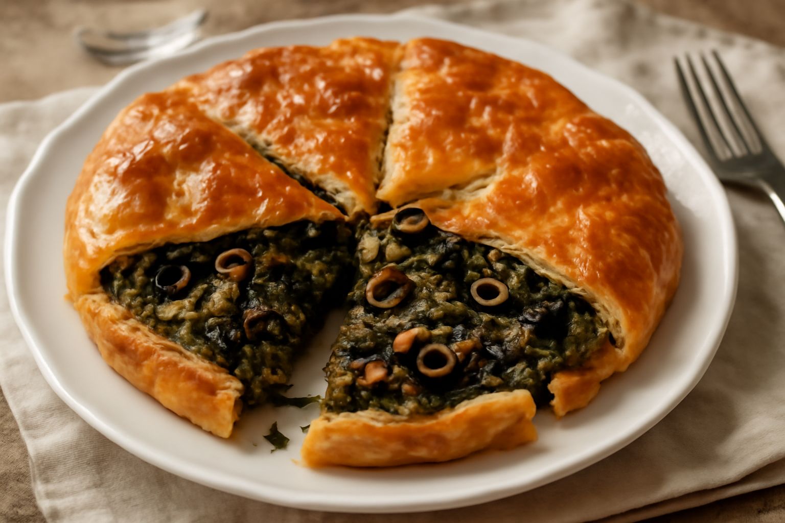 Torta salata di scarola appena sfornata, superficie dorata e croccante, affettata in tre spicchi su un piatto bianco con carta forno, visibili le foglie di scarola scura e i pinoli all'interno