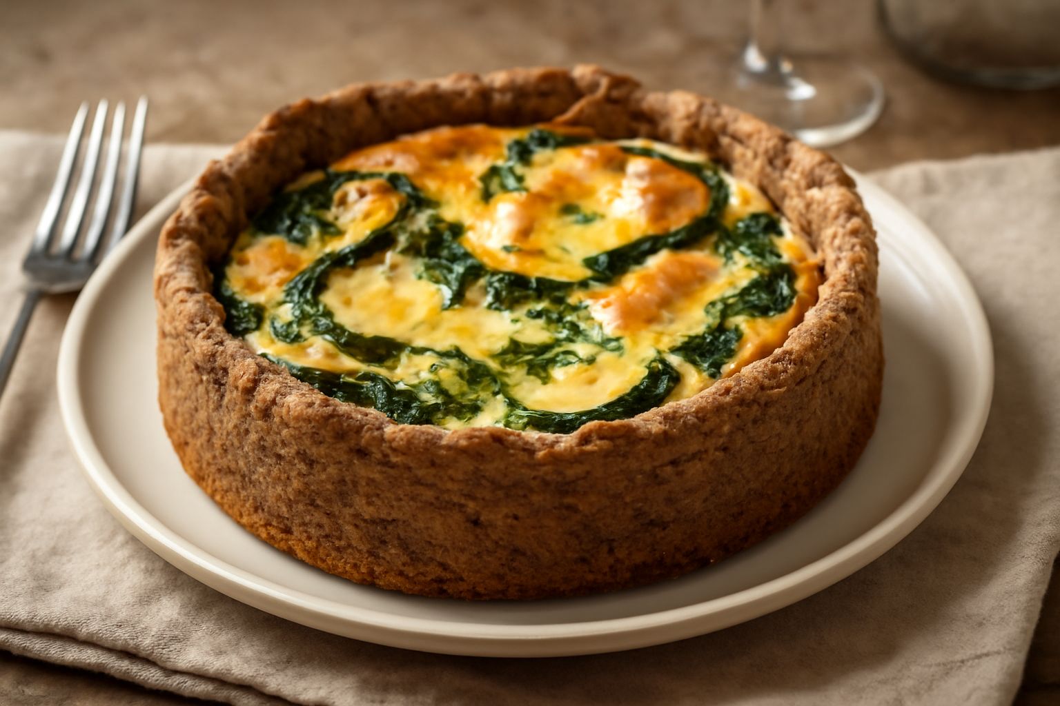 Torta salata di segale appena uscita dal forno, con crosta dorata e croccante, tagliata in fette, con verdure verdi di zucchina e spinaci in evidenza, su un piatto di ceramica bianca