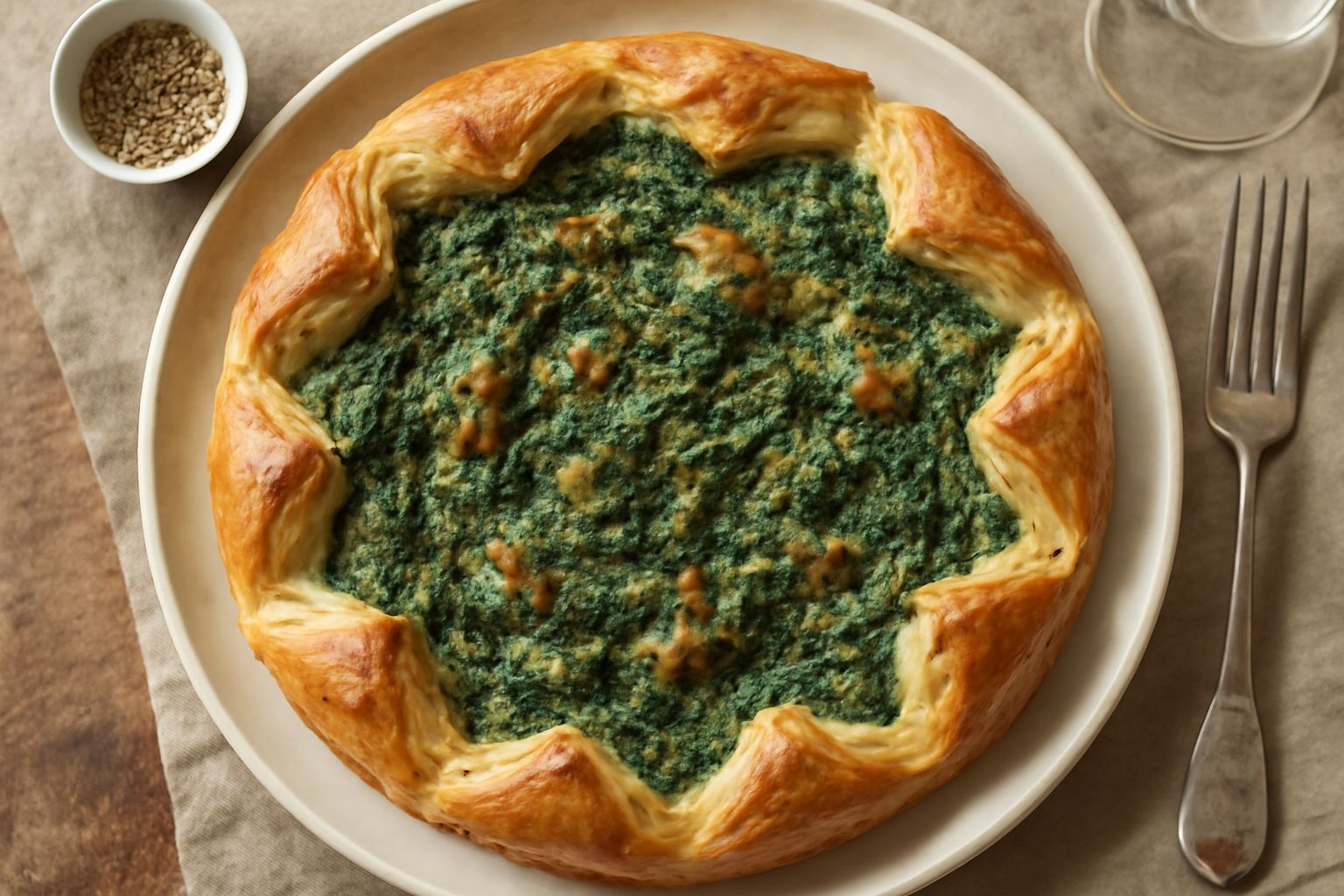 Torta salata di spinaci tagliata a fette su un piatto bianco, con sfoglia dorata e croccante, ripieno di spinaci verde intenso e formaggio filante visibile in superficie, decorata con qualche seme di 