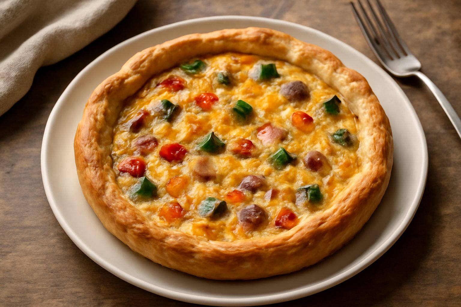 Torta salata rettangolare appena sfornata, superficie dorata e croccante, con sfoglia di pasta brisée visibile ai bordi, verdure colorate (zucchine verdi, peperoni rossi, cipolle gialle) che spuntano 