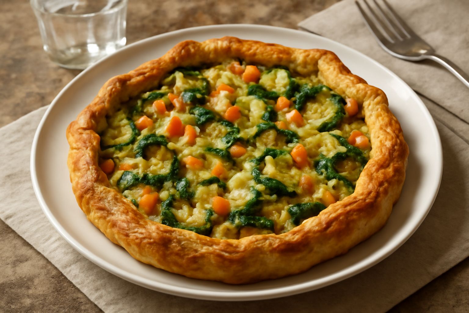 Torta salata rettangolare con sfoglia dorata, ripieno di verdure cotte in toni verde, giallo e arancione visibili in superficie, su piatto bianco con contorno di insalata fresca