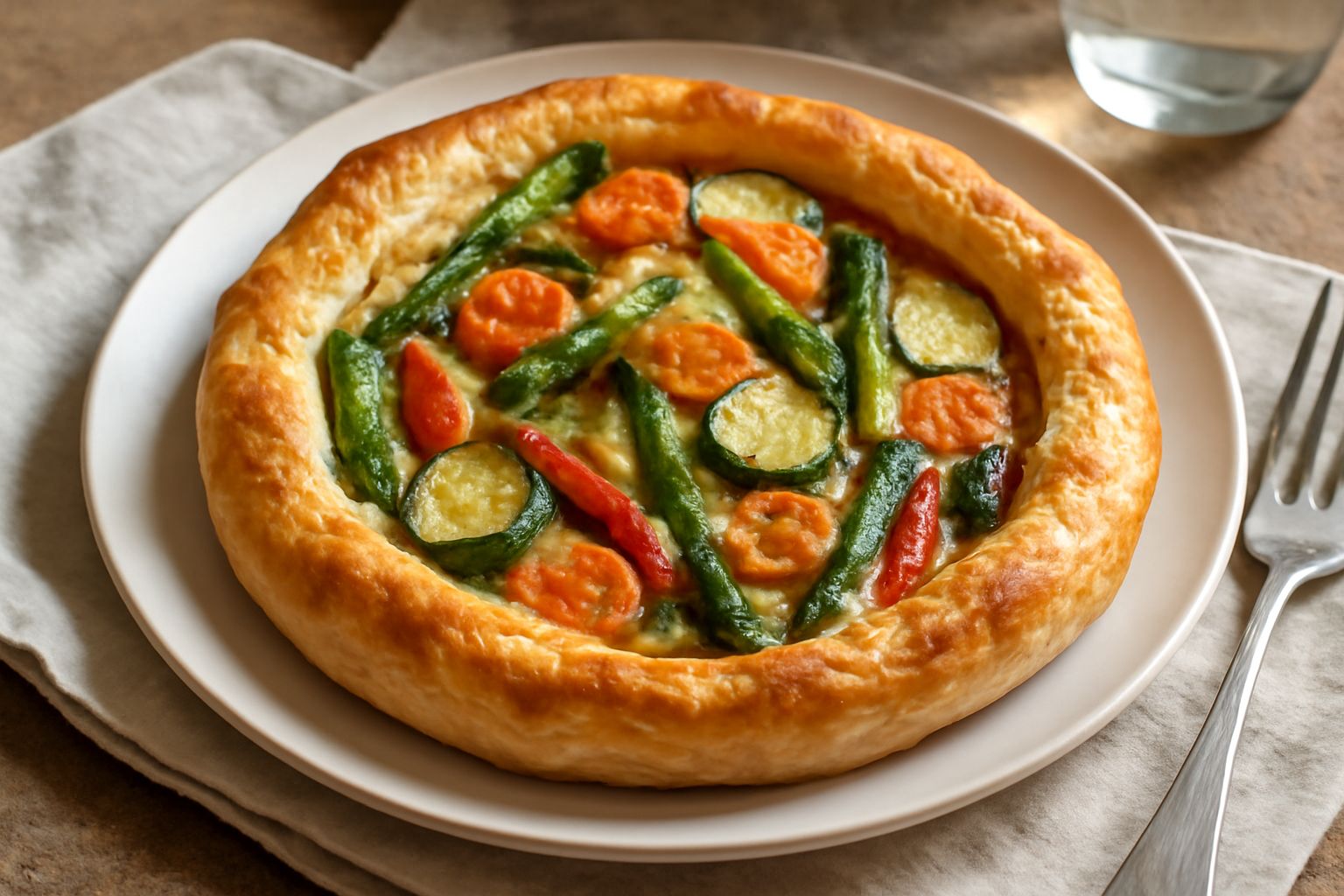 Torta salata dorata e croccante con sfoglia leggermente soffiata, verdure colorate visibili nel ripieno cremoso, guarnita con germogli freschi e sesamo, porzione servita in piatto bianco con insalata 