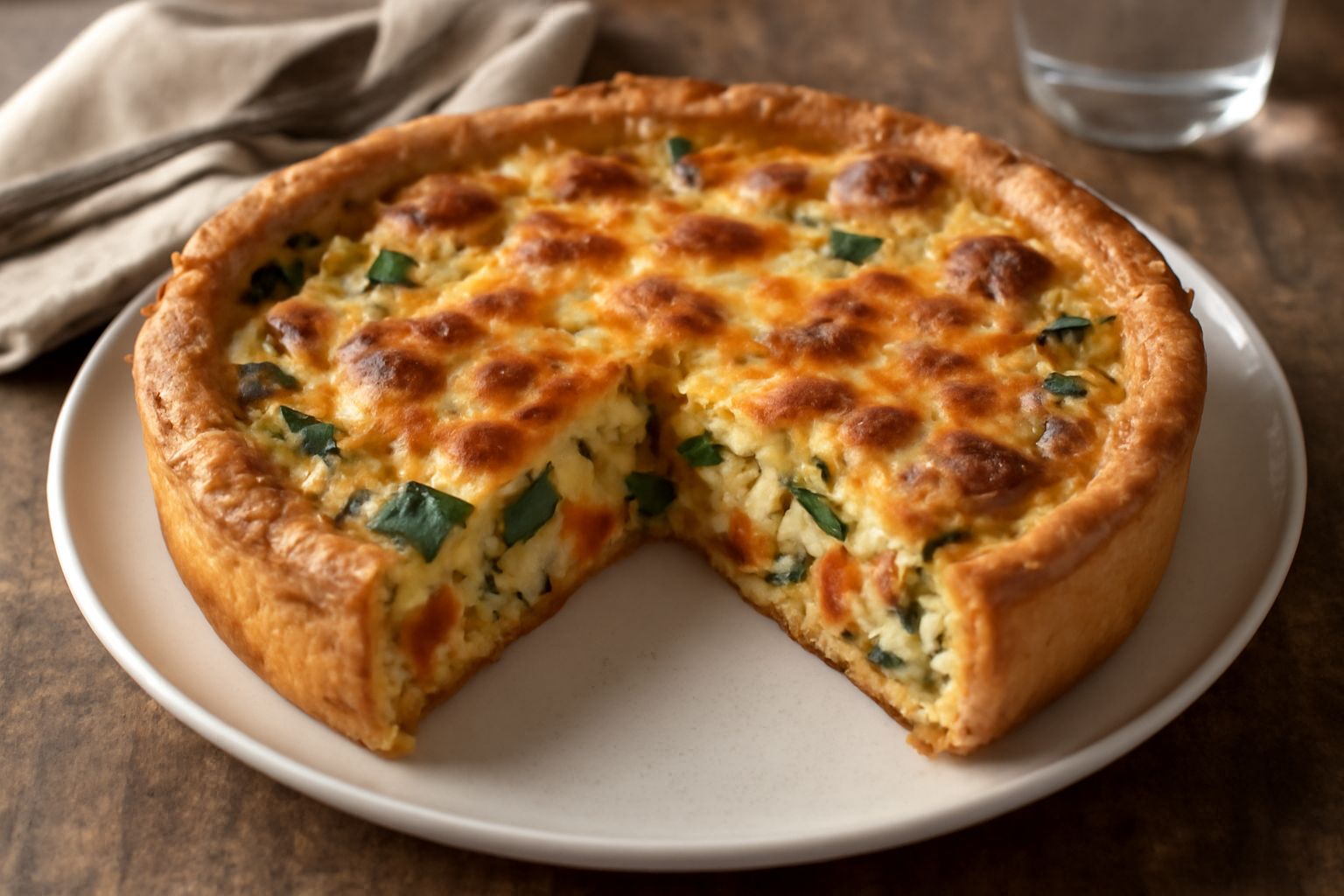 Torta salata di verdure miste tagliata a fette, con base dorata e croccante, ripieno verde e giallo con zucchine, peperoni e carote, superficie leggermente gonfia, servita su piatto bianco con contorn