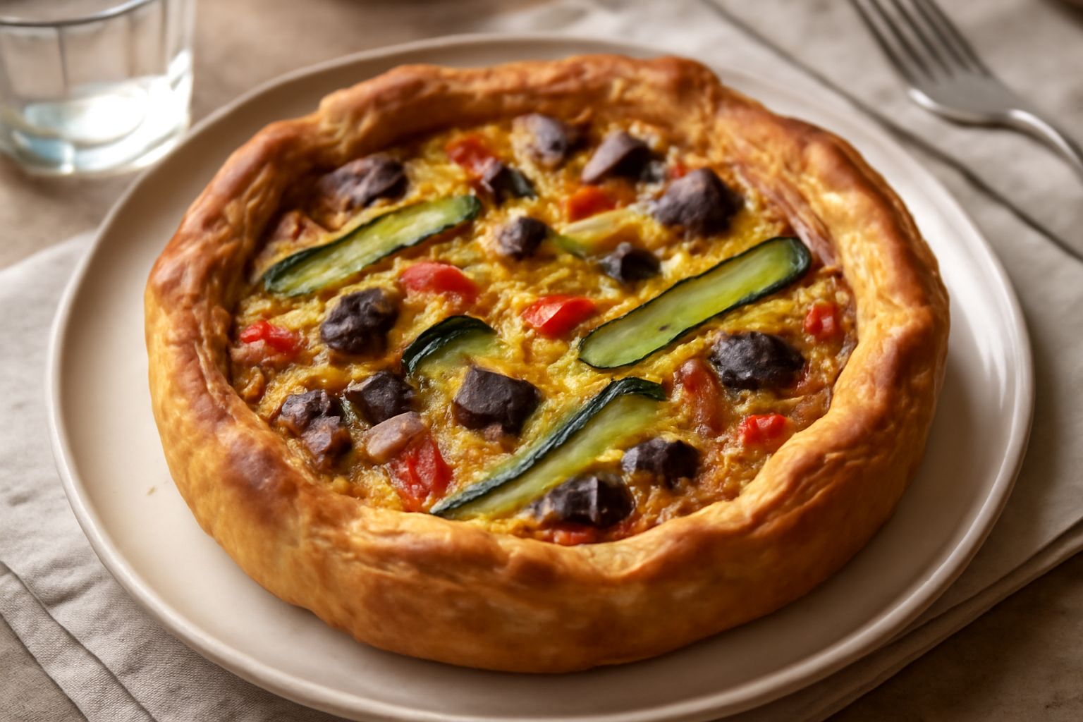 Torta salata dorata con verdure colorate visibili in superficie, tagliata a spicchi in un piatto bianco, circondata da foglie di prezzemolo fresco