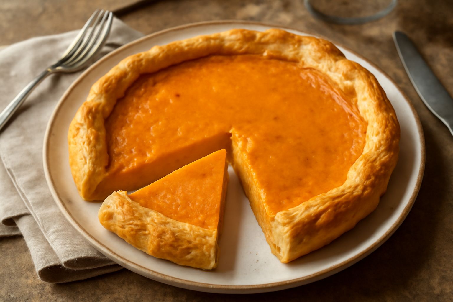 Torta salata di zucca affettata in uno piatto bianco, con pasta sfoglia dorata e ripieno arancione cremoso, contornata da una foglia di salvia fresca