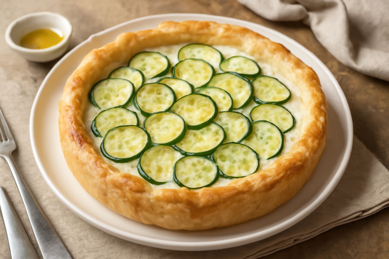 Torta salata di zucchine tagliata a fette, servita in un piatto bianco. Base dorata e croccante, ripieno di zucchine verdi e bianche, ricotta bianca e pepe nero, guarnita con prezzemolo fresco.