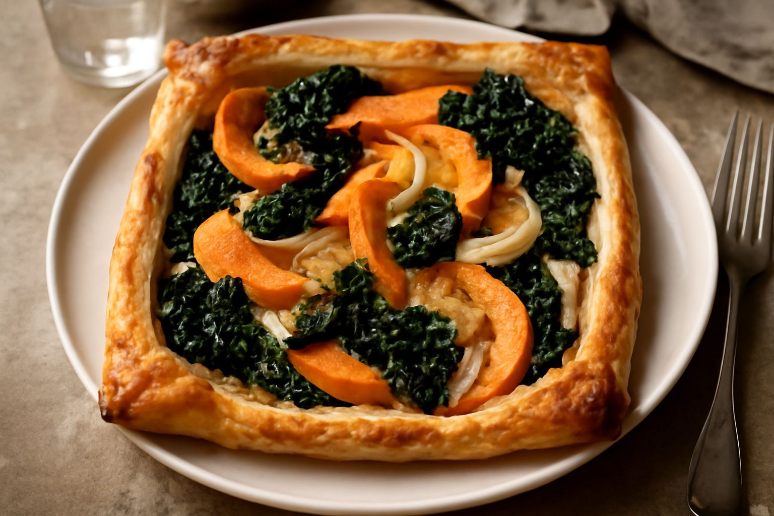 Torta salata quadrata con base dorata e croccante, superficie ondulata con verdure arrostite di colore arancio, marrone e verde scuro, guarnita con gocce di ricotta bianca, affettata in quattro porzio
