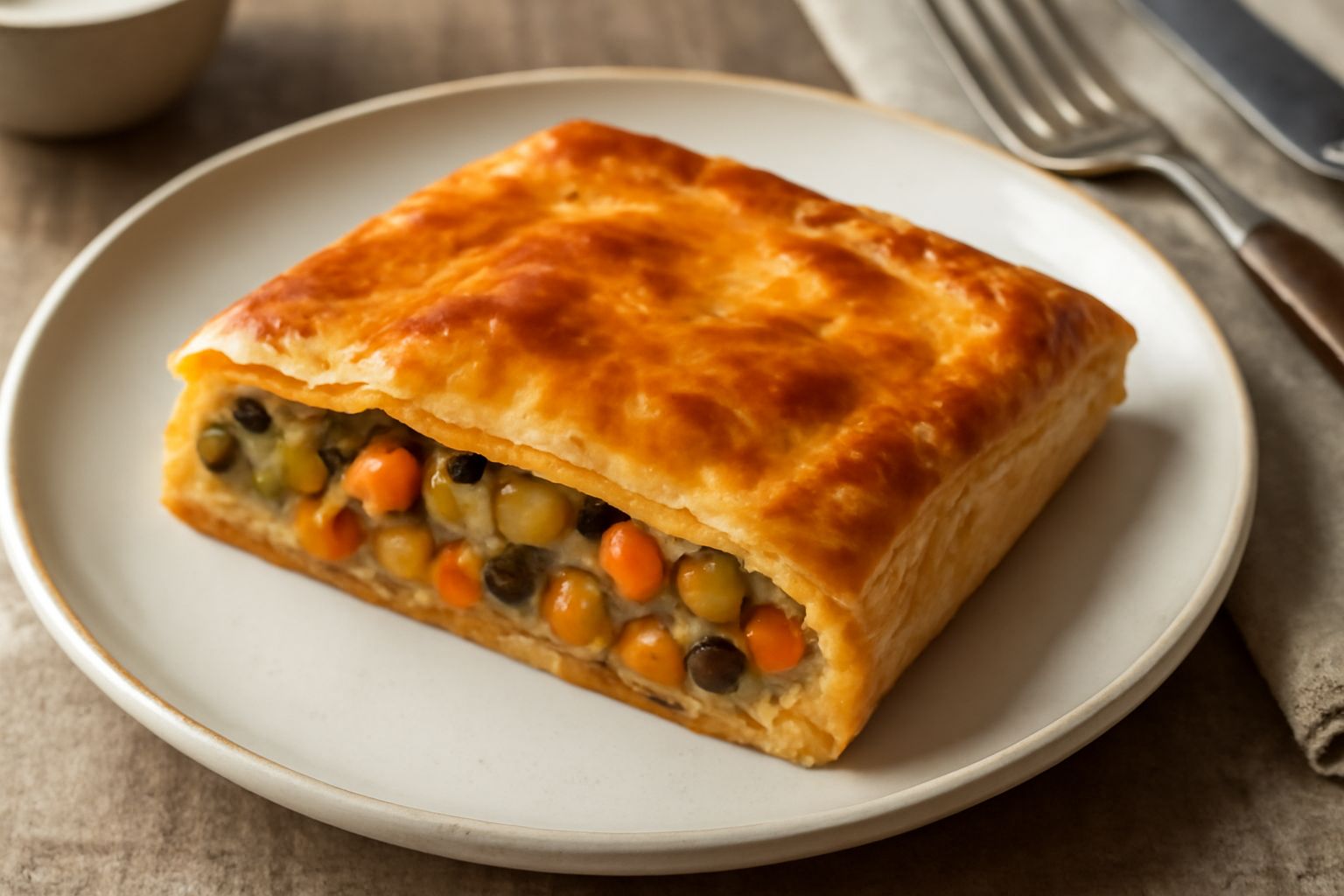 Torta salata d'ortaggi appena sfornata, dorata su superficie superiore, tagliata in spicchi triangolari, con verdure colorate visibili nella sezione: zucchine verdi, melanzane viola, pomodori rossi, f