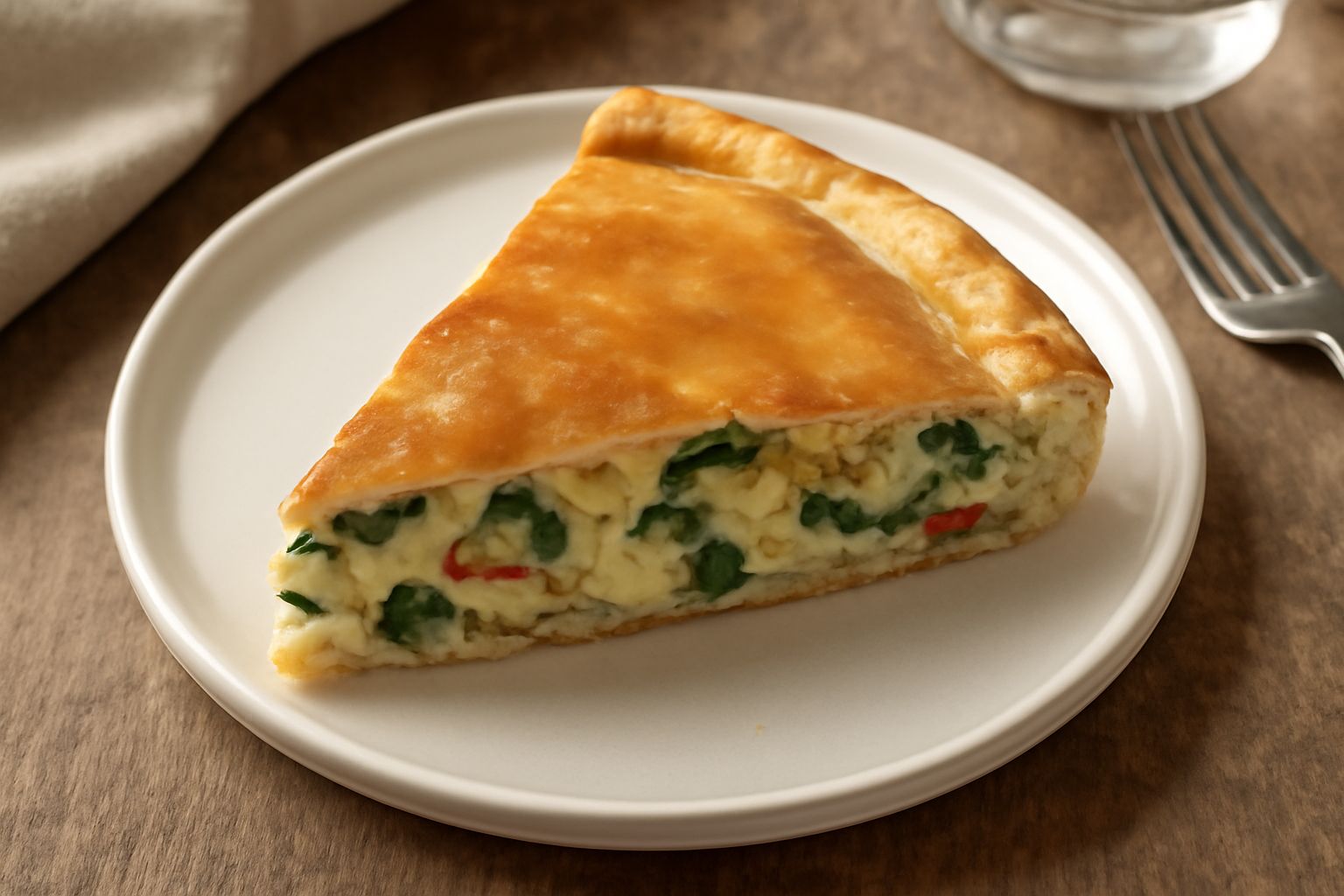 Torta salata tagliata a fette su un piatto bianco, superficie dorata e croccante, con ripieno verdure e formaggio visibile in sezione, contorno di insalata fresca