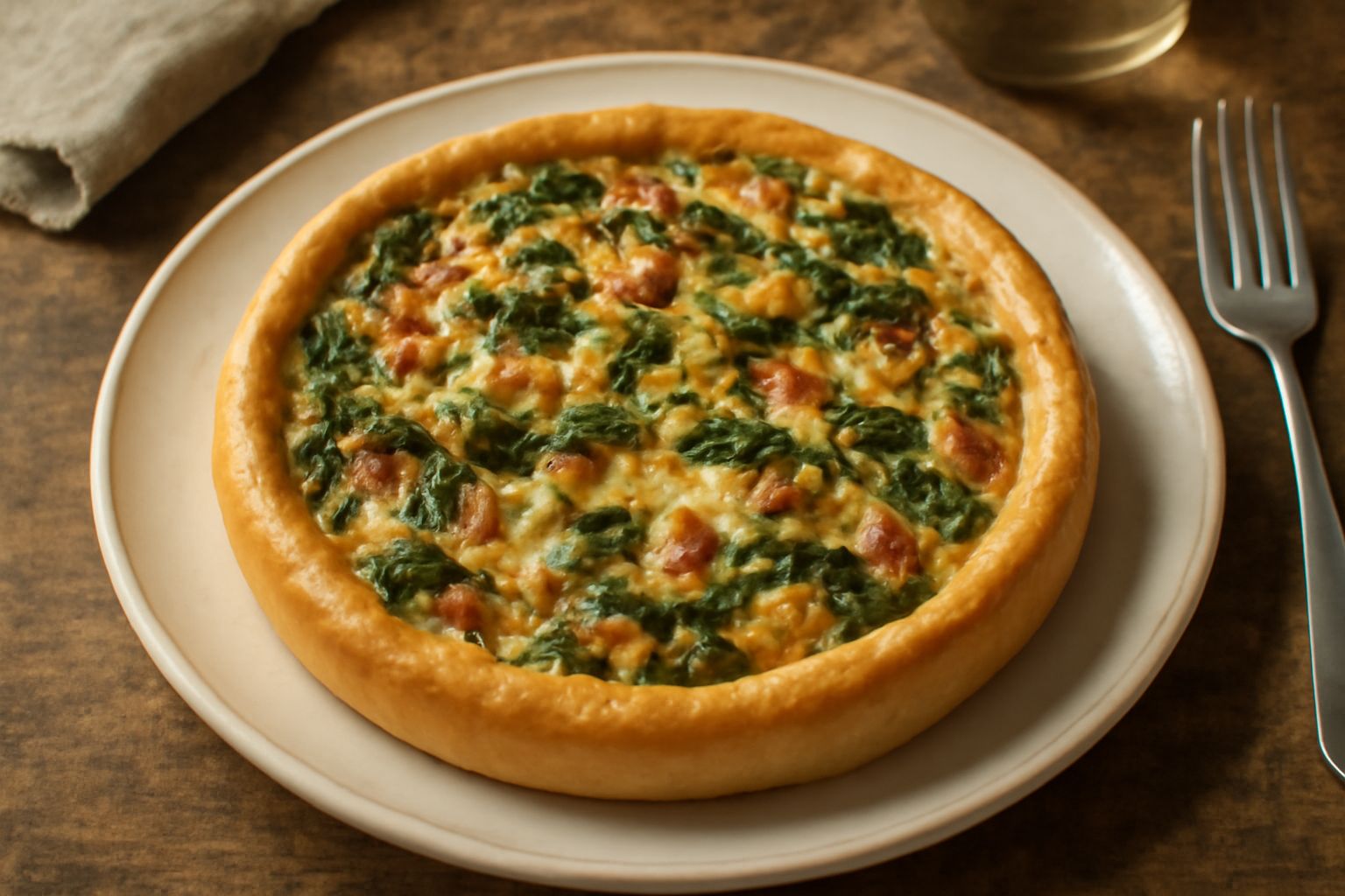 Torta salata mantovana intera su piatto bianco, crosta dorata e uniforme, fetta tagliata che mostra il ripieno stratificato con verdure verdi, formaggio cremoso e pancetta, guarnizione di prezzemolo f