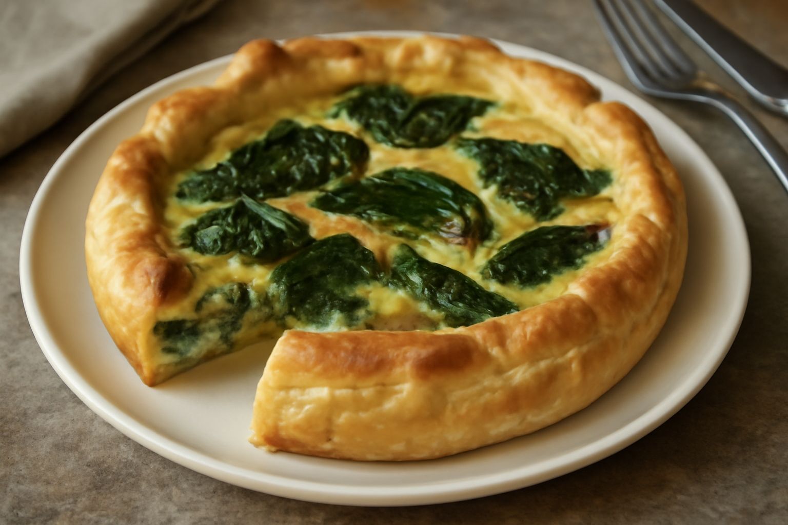 Torta salata romana tagliata in fette, con base dorata e croccante, ripieno di ricotta bianca e verdure verdi, servita su piatto bianco con contorno di insalata fresca