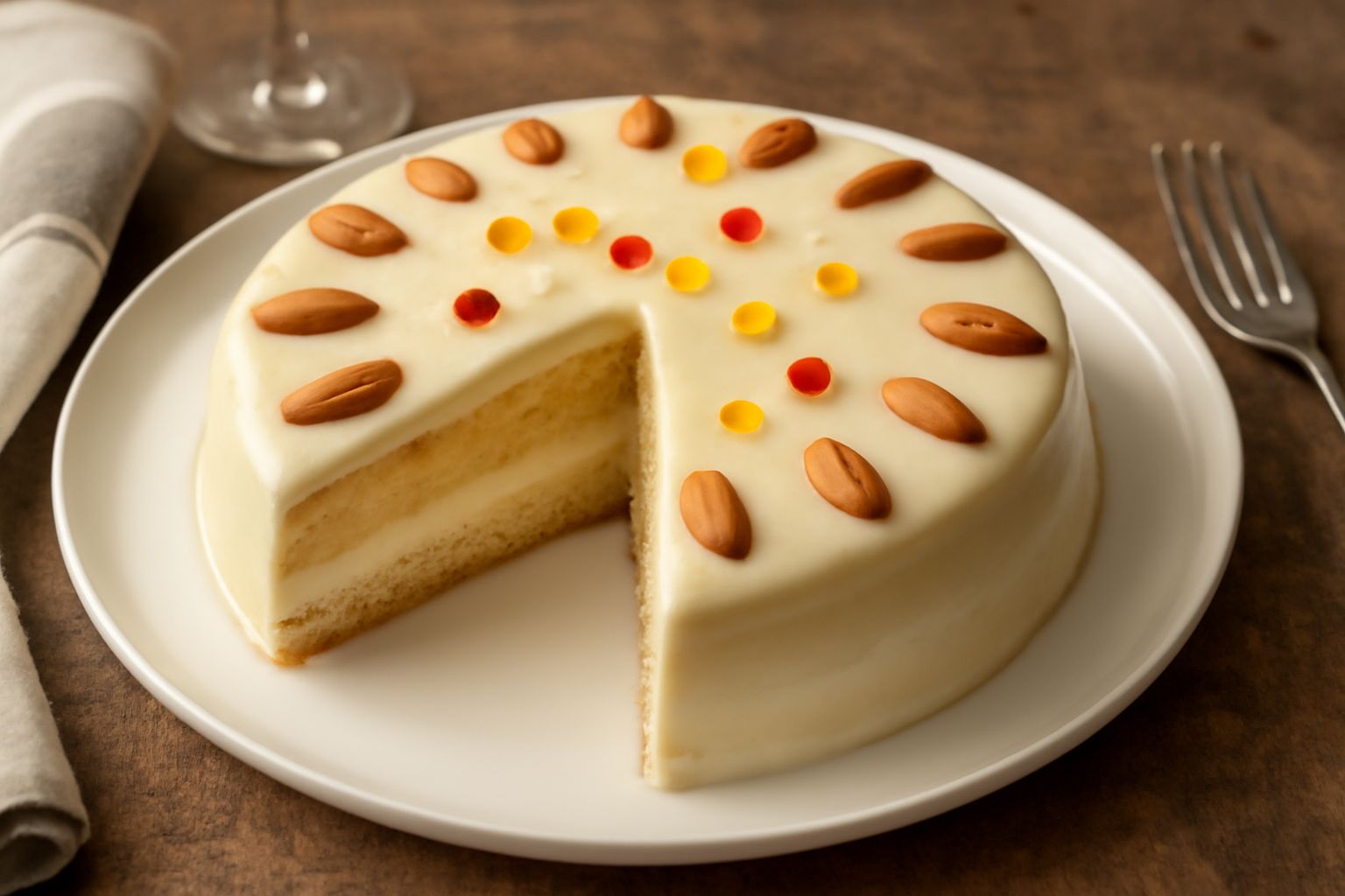 Torta San Benedetto tonda su piatto bianco: pasta di mandorle color panna, decorata con mandorle intere e canditi, glassa lucida, contorno di mandorle tostate
