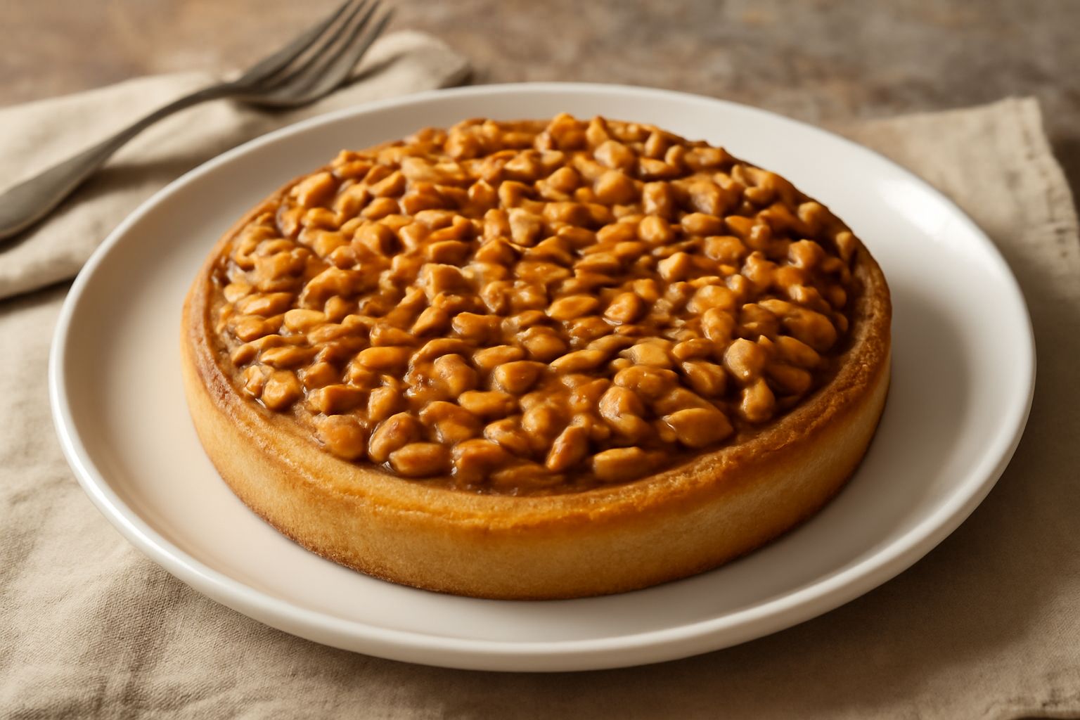 Torta Sanremese con pasta frolla dorata, ripieno giallo arancio di marmellata visibile dai bordi, superficie coperta di pinoli tostati e granella di zucchero bianca, su piatto bianco in primo piano
