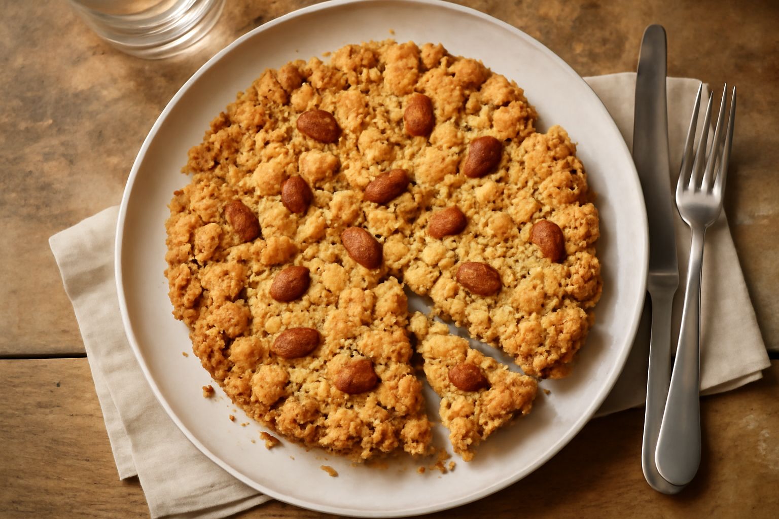 Torta sbrisolona intera su un piatto bianco, con mandorle visibili sulla superficie dorata e friabile, accanto una fetta spezzata che mostra la texture croccante