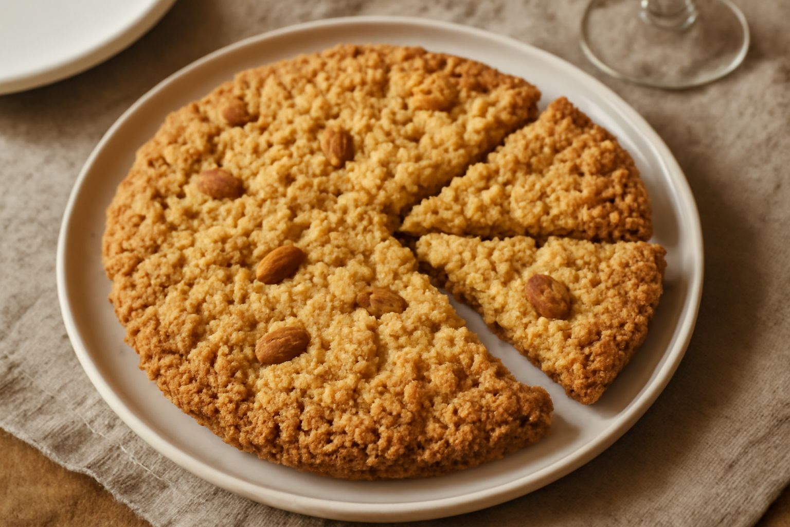 Torta Sbrisolone intera su piatto bianco, con superficie dorata e screpolata, particelle di mandorla visibili, taglio triangolare che mostra la friabilità interna, nessuna guarnizione