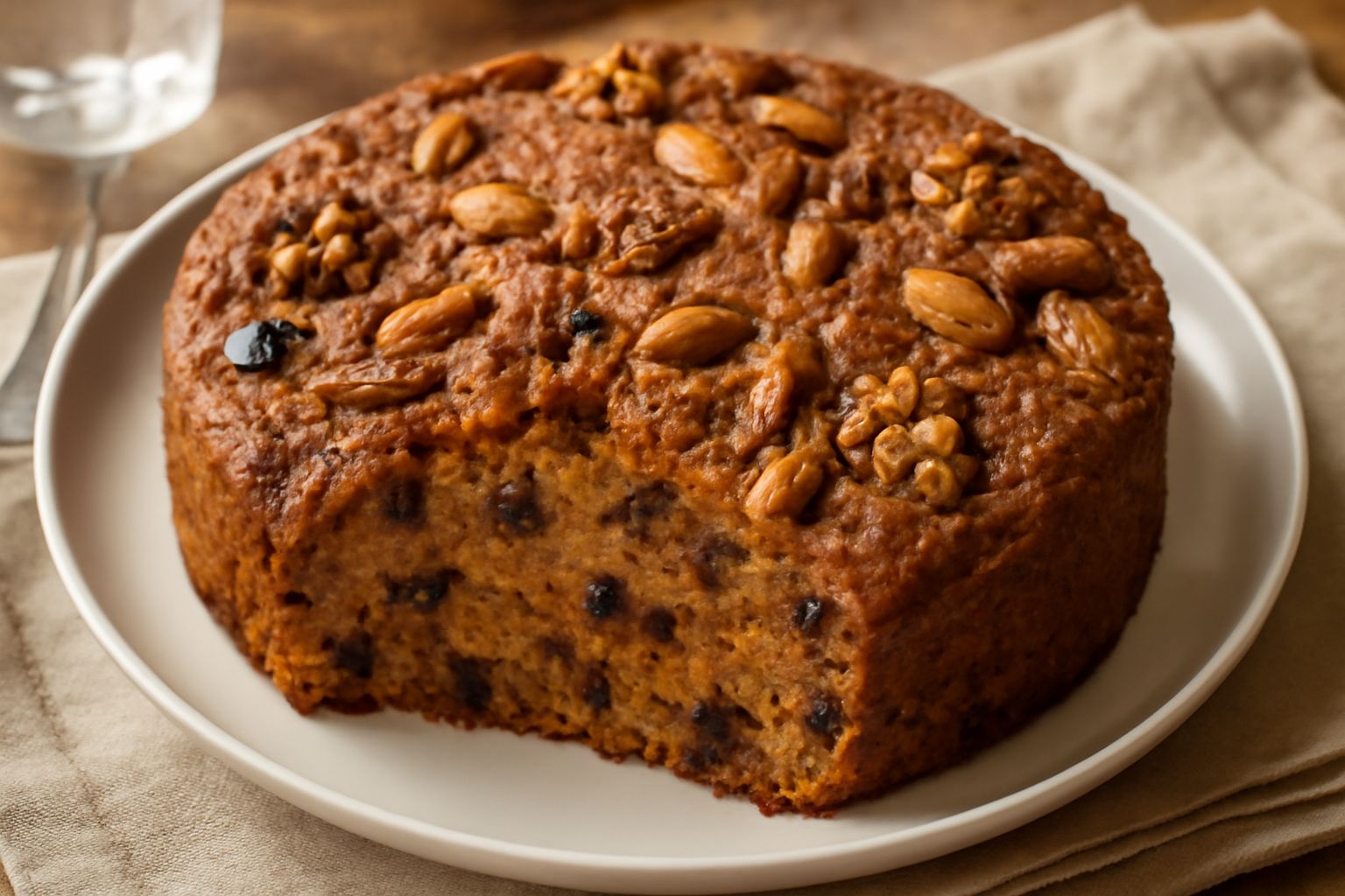 Torta sebastiana affettata su un piatto bianco, di colore dorato intenso, con visibili mandorle, noci e pezzetti di uvetta scura nella miga, contornata da due fette accanto