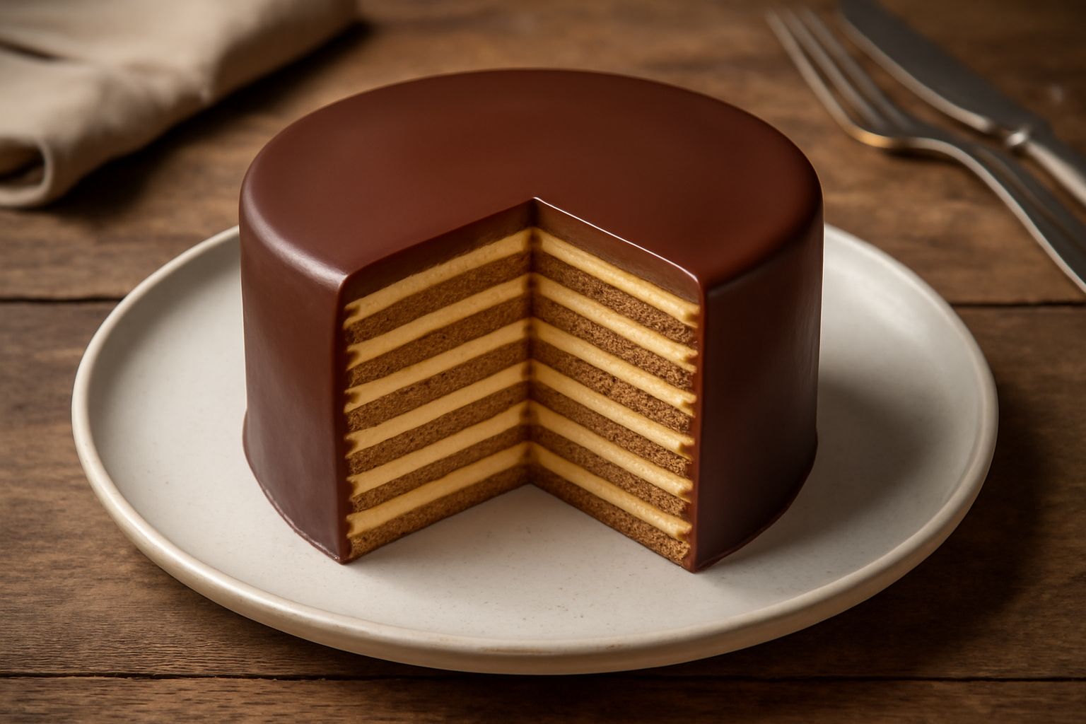 Una fetta di Torta Setteveli tagliata mostra sette strati alternati di pasta biscotto color crema chiaro e crema pasticcera giallo paglierino, con bordi netti e superficie superiore spolverata di zucc