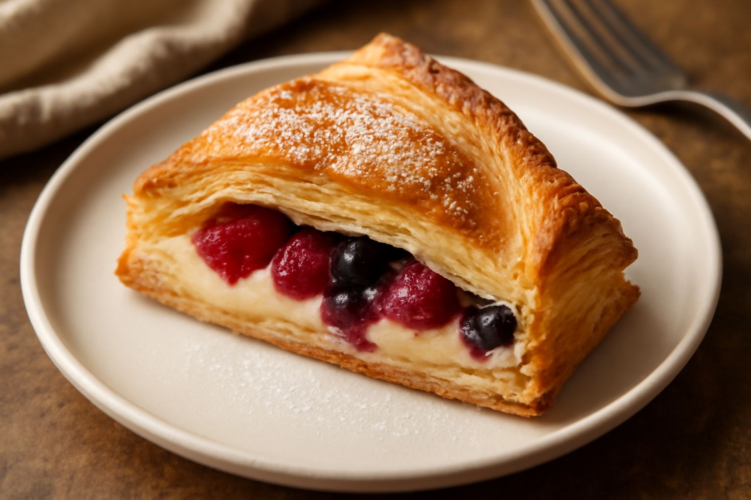 Torta sfoglia dolce dorata e sfogliata con strati visibili, ripiena di crema pasticcera e frutti di bosco, servita su un piatto bianco con coltello da dolce