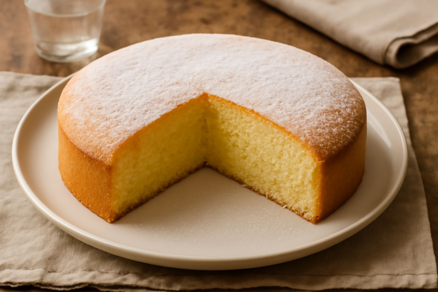 Torta soffice dorata con superficie liscia e leggermente bombata, tagliata a fette che mostrano l'interno spugnoso e uniforme, servita su piatto bianco con una tazza di tè accanto