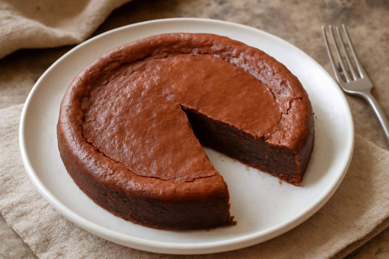 Torta tenerina al cioccolato affettata nel piatto, con interno marrone scuro e umido, crosta dorata ai bordi, polverata di cacao in polvere sulla superficie