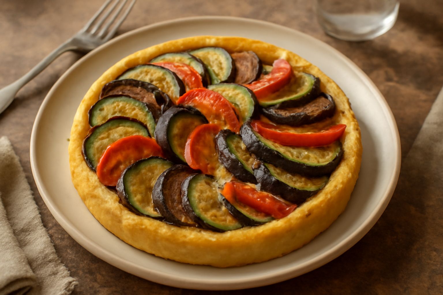 Torta salata di verdure appena sfornata, con superficie dorata e uniforme, fette di zucchine e melanzane visibili sulla parte superiore, piatto bianco, vapore ancora caldo