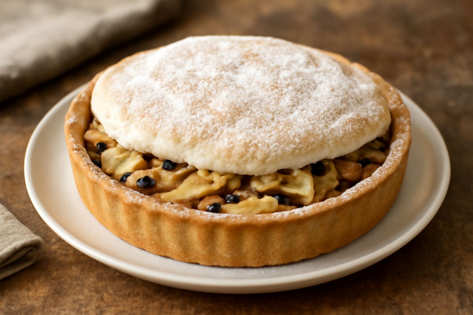 Torta Tirolese tagliata in fette, con superficie dorata e croccante, interno con mele gialle visibili e uvetta scura, poggiata su piatto bianco con una tazza di caffè accanto