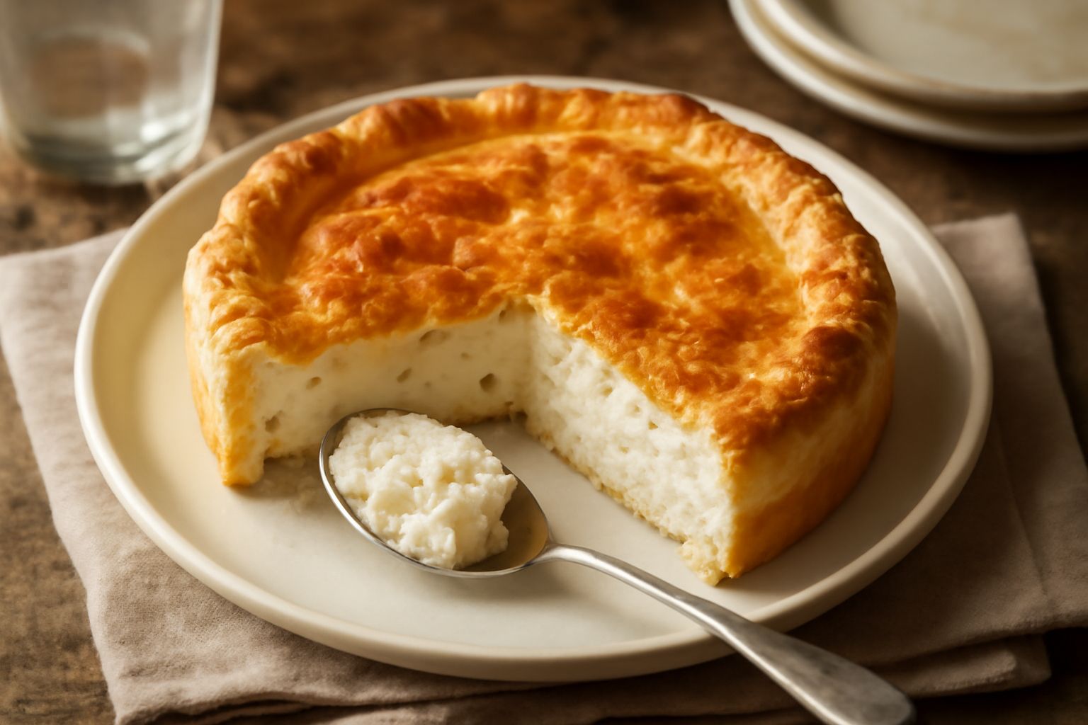 Torta trevigiana di formaggio fresco tagliata a fette su un piatto bianco, con superficie dorata leggermente screpolata, pasta sfoglia ai bordi, superficie cremosa visibile nella sezione trasversale