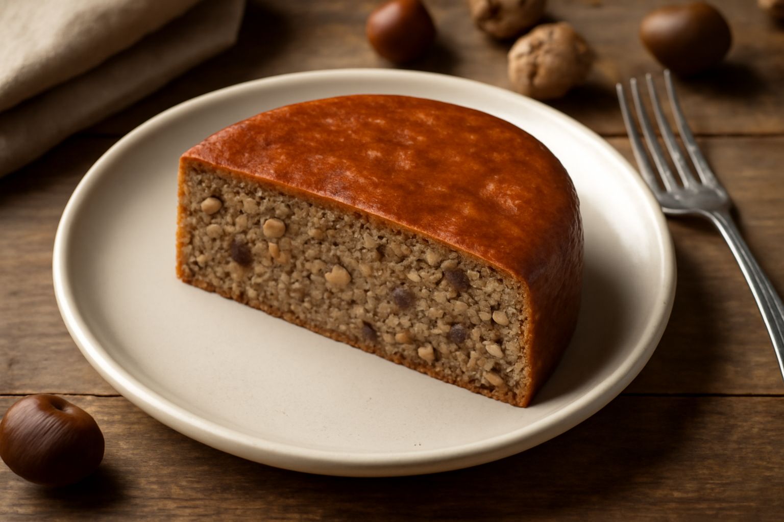 Fetta di torta valdostana con impasto marrone scuro, visibili pezzi di castagna, su piatto bianco con una forchetta accanto. Torta intera sullo sfondo, decorata e leggermente glassata.