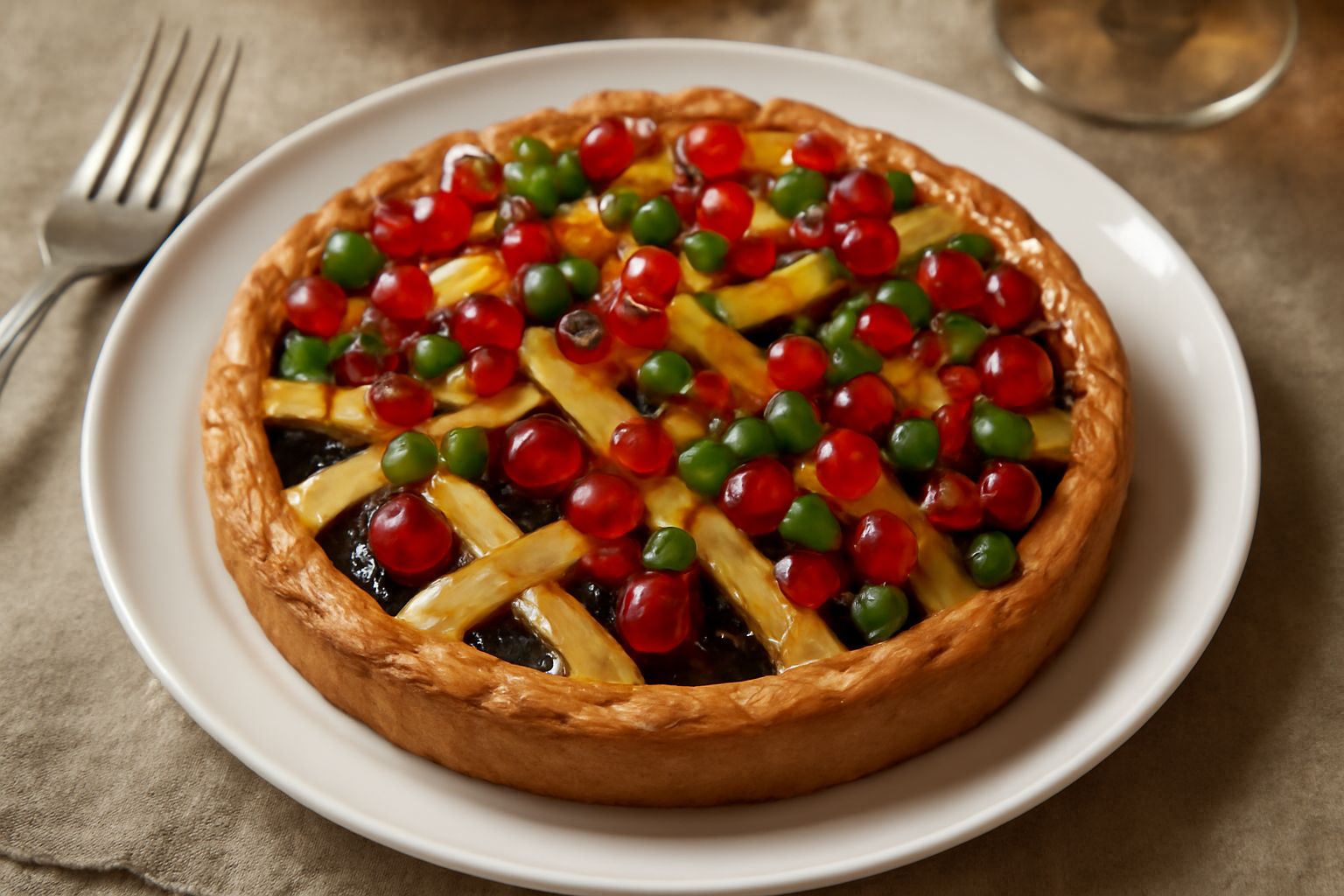 Torta viterbese intera vista dall'alto, a fette, con pasta frolla dorata, ripieno rosso di confettura, decorazione di frutti canditi rossi e verdi sulla superficie, piatto bianco