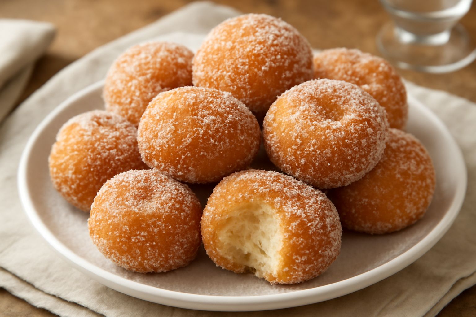 Tortani dorati e croccanti ammucchiati su un piatto bianco, coperti di zucchero semolato, con sfondo bianco e un cucchiaio di legno accanto