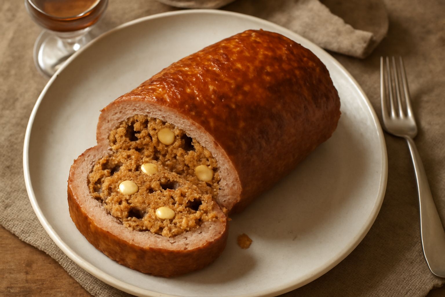 Tortanu appena cotto in padella, affettato per mostrare il ripieno, con carne dorata e croccante esternamente, circondato da cipolla e prezzemolo