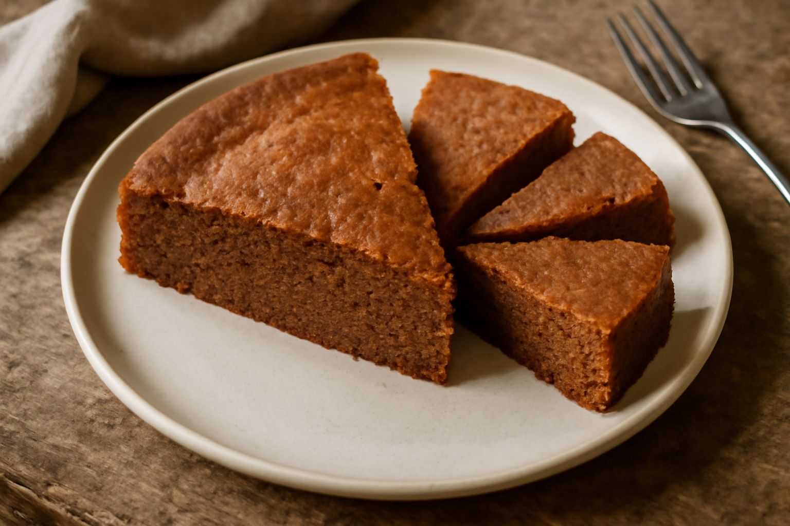 Torta di farina di castagne intera su tavolo di legno, superficie marrone dorata, fetta tagliata che mostra l'interno soffice e compatto, piatto con cacao in polvere spolverato