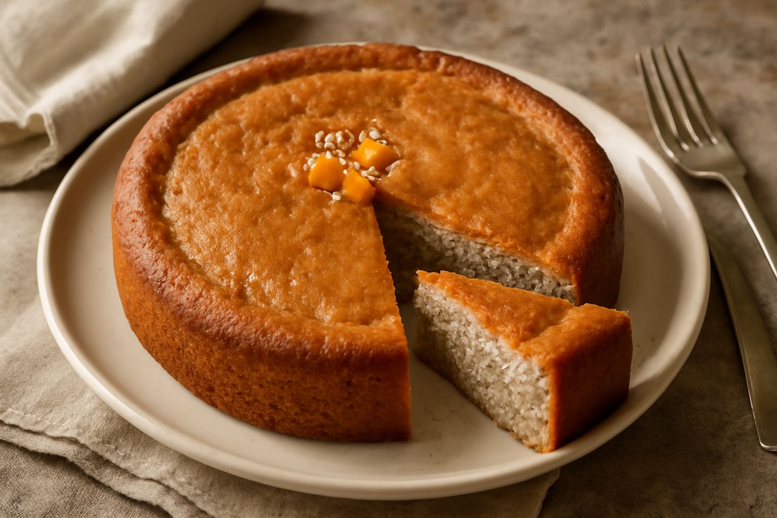 Torta di marroni a fette su piatto bianco, crema di marroni visibile all'interno, canditi di arancia in cima, fondo sfocato di cucina con vasetto di marroni