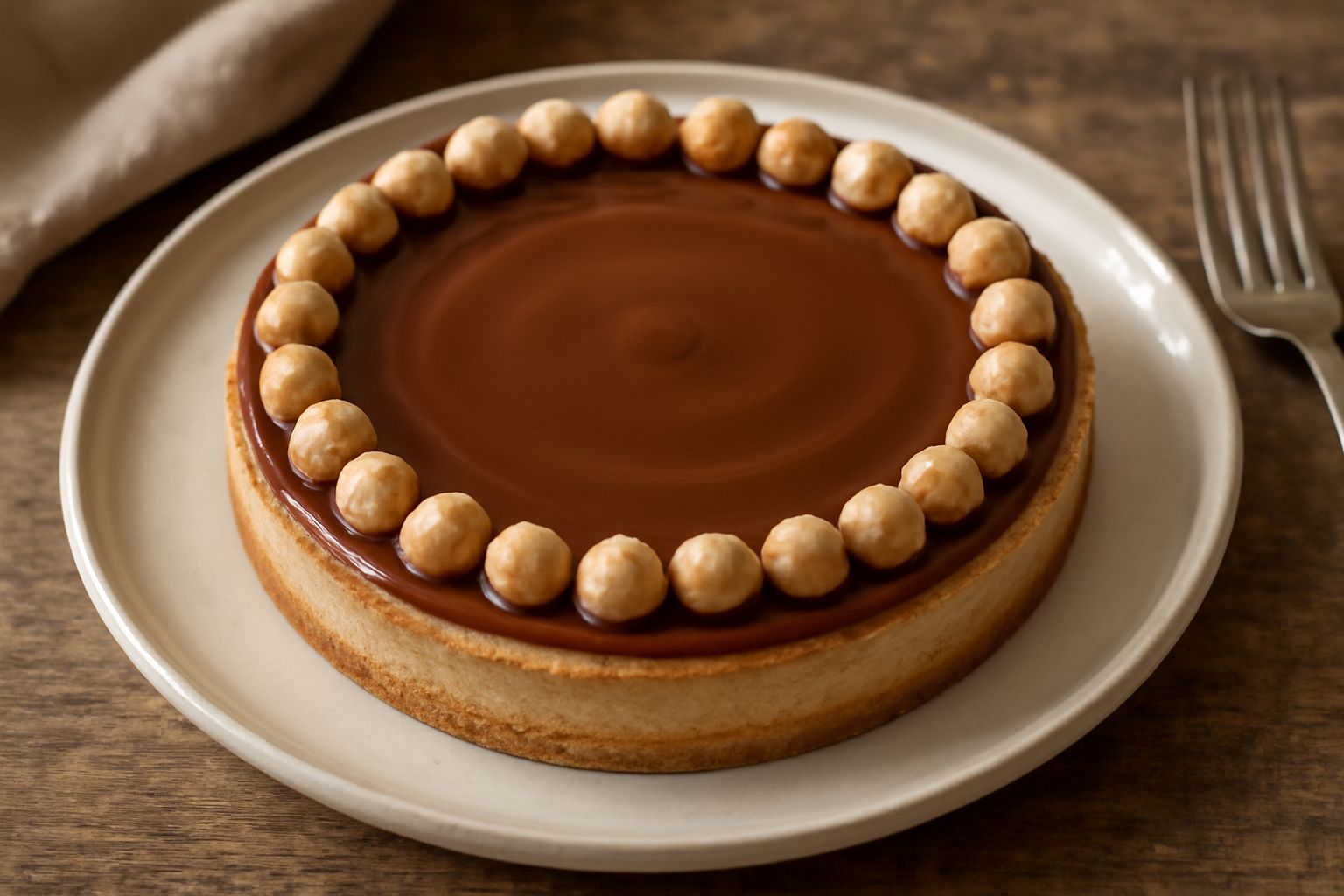 Torta di nocciole intera su piatto bianco, con base dorata croccante, crema color nocciola, glassa liscia marrone scuro, decorata da nocciole intere tostate ai bordi