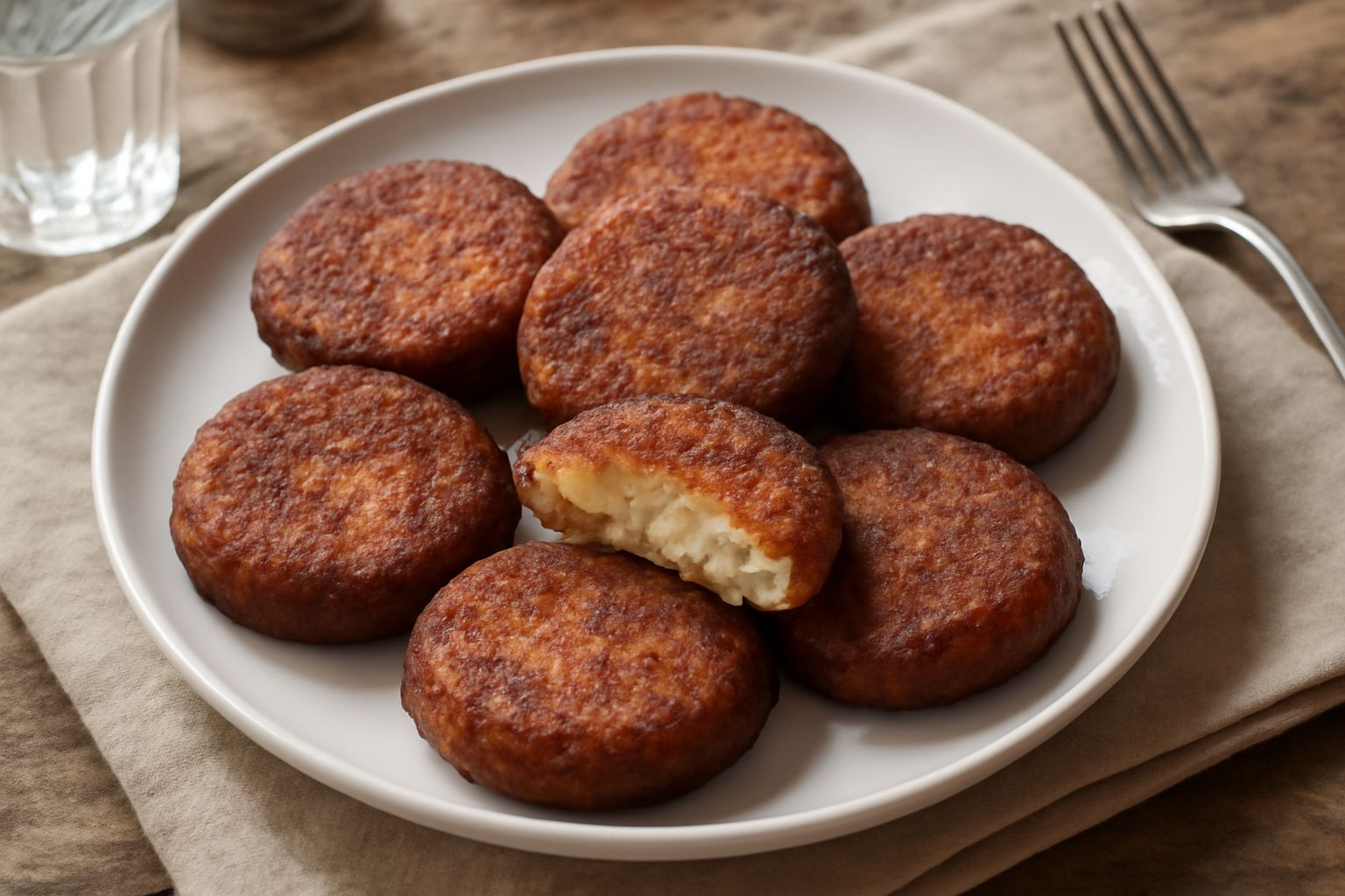 Tre tortei di patate dorati e croccanti adagiati in un piatto bianco, contornati da prezzemolo fresco, una tazza di panna acida e limone affettato a fette sottili