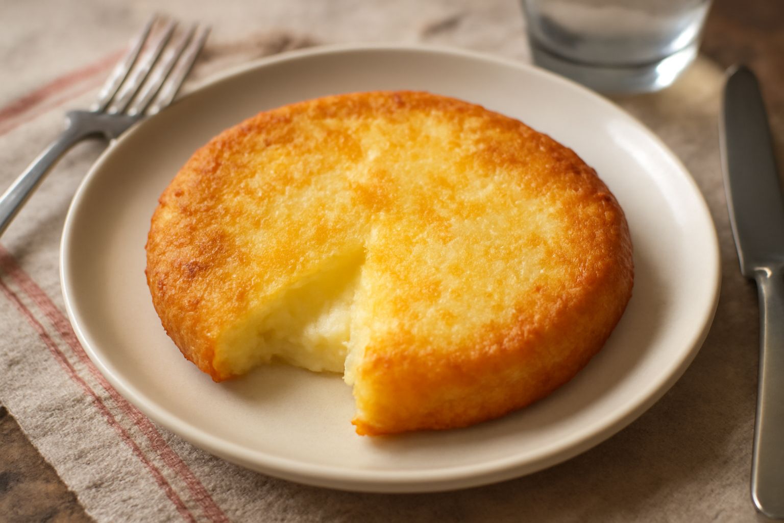 Tre tortel di patate dorate e croccanti appoggiate su carta assorbente bianca, con una leggera fumata, fianco a fianco su piatto bianco, visibili i granuli di sale grosso