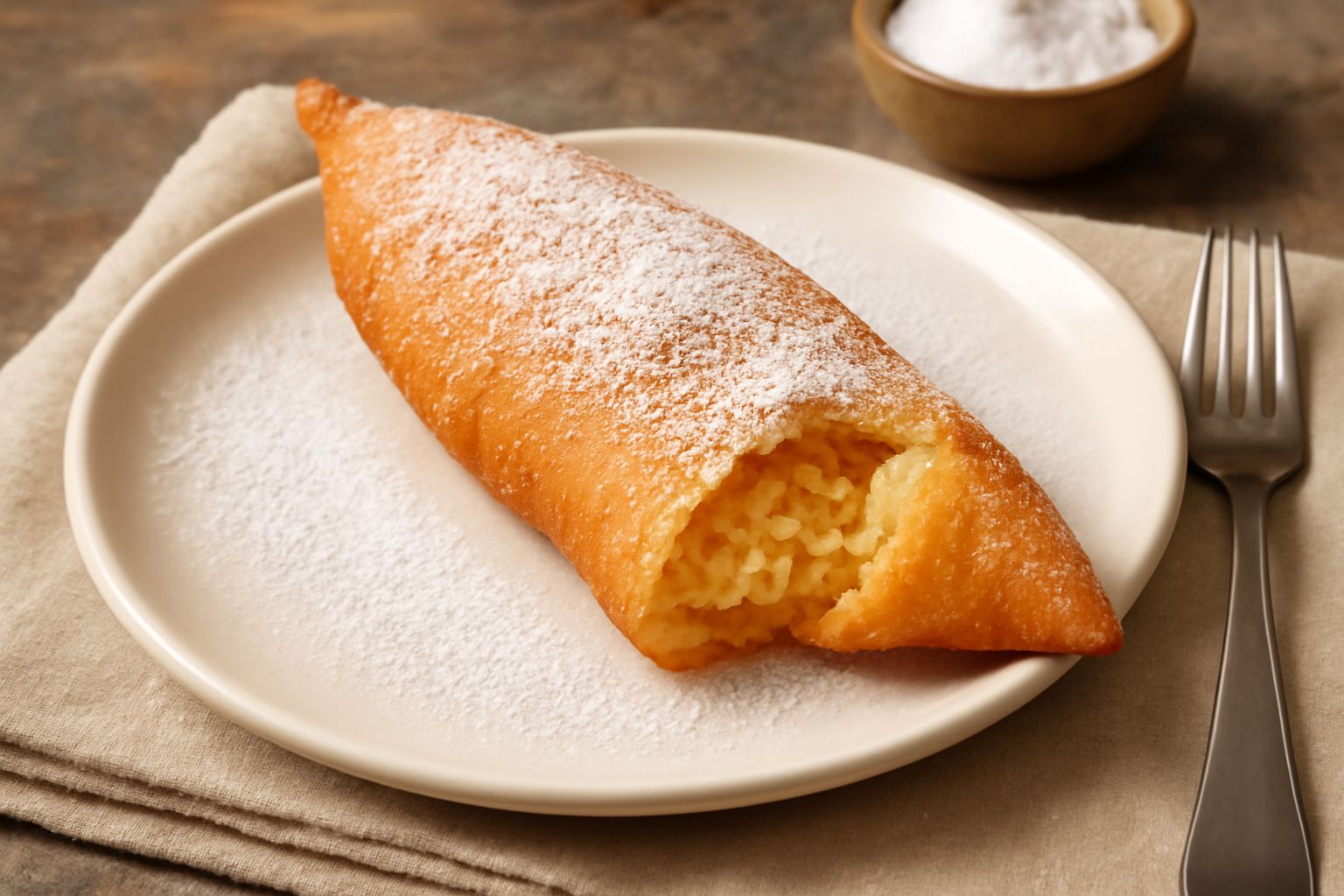 Tortelle friulane dorate e croccanti su un piatto bianco, ricoperte di zucchero a velo, con una mela fresca e qualche pinolo a lato