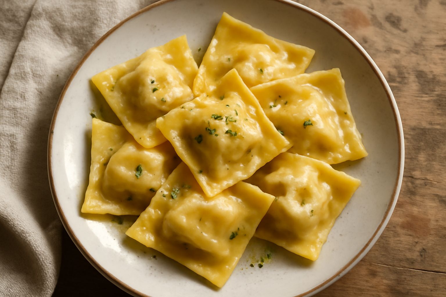 Tortellacci ripieni di ricotta e spinaci appena cotti, serviti in un piatto bianco con burro fuso, salvia fresca e parmigiano grattugiato, sfondo cucina rustica