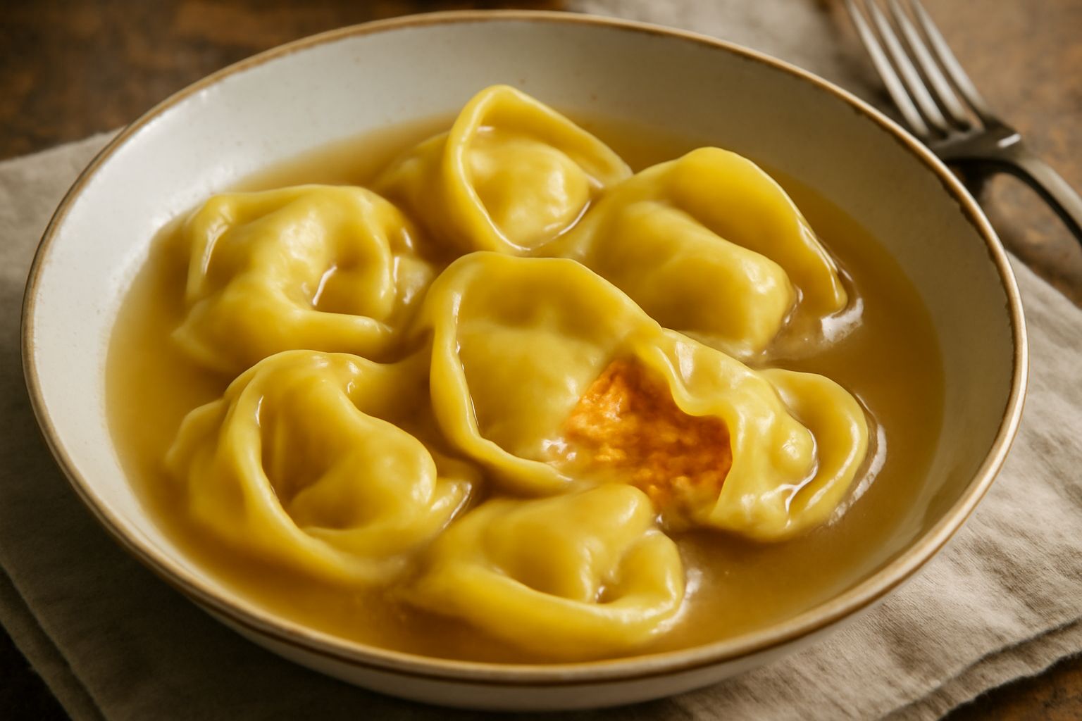 Tortellacci di zucca fatti in casa, serviti in un piatto fondo di ceramica bianca con brodo vegetale caldo, guarniti con una noce di burro fuso, formaggio grattugiato e una foglia di salvia fresca. La
