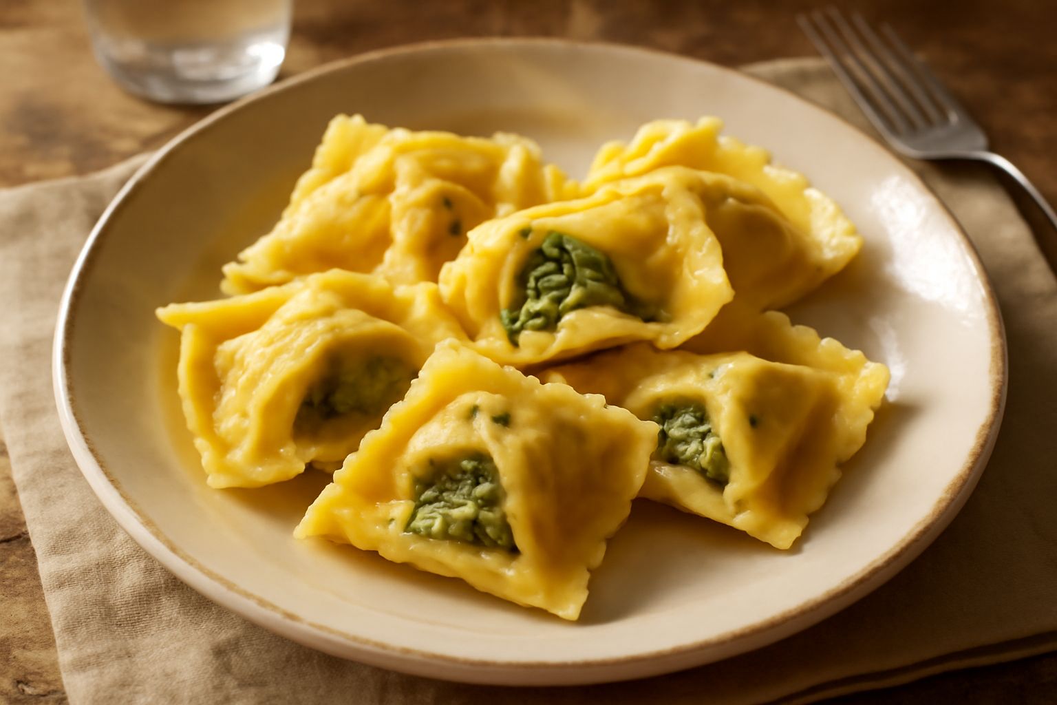 Tortellacci reggiani caldi appena serviti in un piatto bianco, riempiti di verdure verdi, ricoperti di burro fuso e formaggio grattugiato, con contorno di brodo caldo in una ciotola