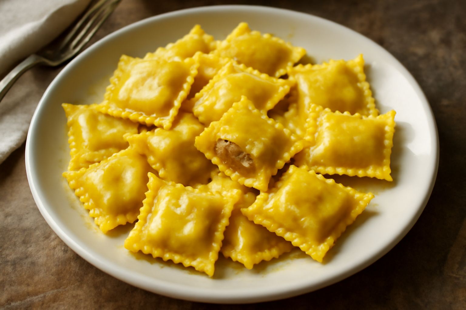 Piatto di tortelli alla bresciana in brodo caldo, pasta gialla quadrata ripiena visibile al taglio, con formaggio filante e pangrattato dorato, guarniti con parmigiano grattugiato e prezzemolo fresco