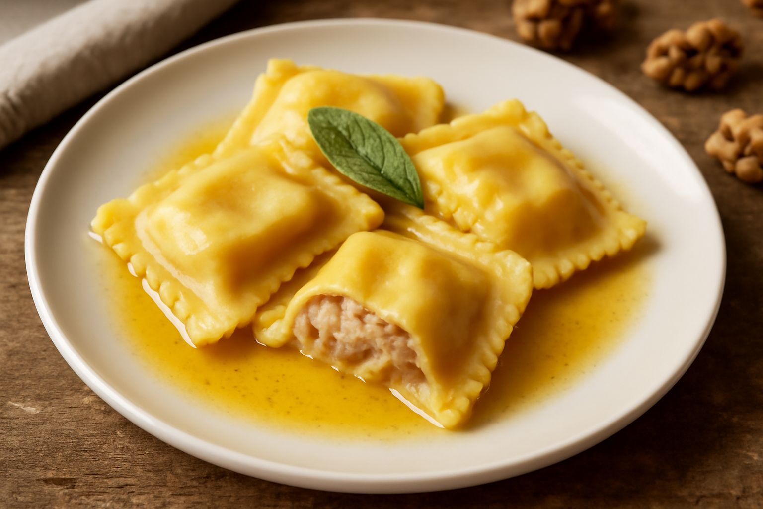 Tortelli alle noci su piatto bianco, pasta color beige con bordi ben sigillati, tre tortelli disposti a triangolo, ricoperti di burro dorato e foglia di salvia fresca verde al centro